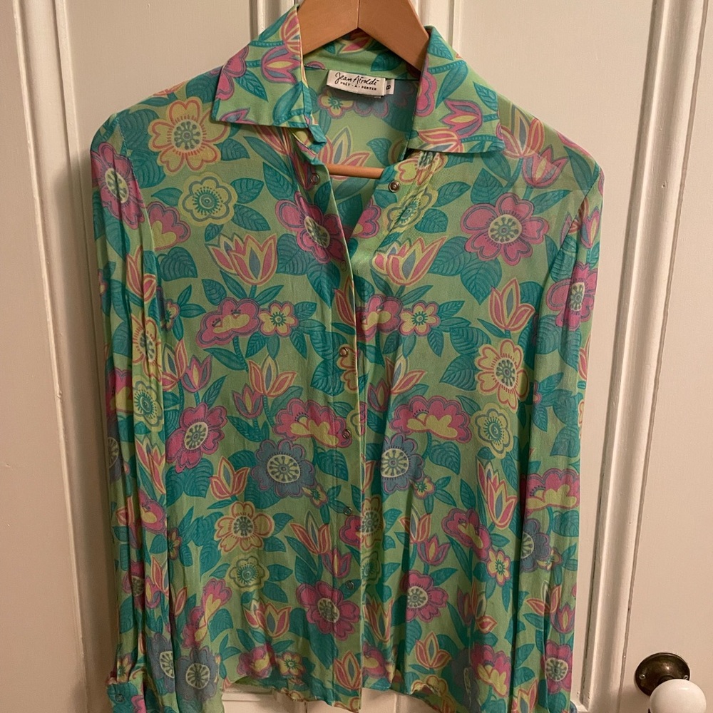 Green and Pink Vintage Print Floral Blouse
